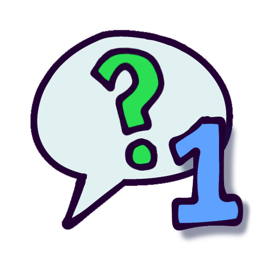 A drawing of a green question mark (?) inside a speech bubble, with a blue number 1 floating above it towards the bottom right corner of the image